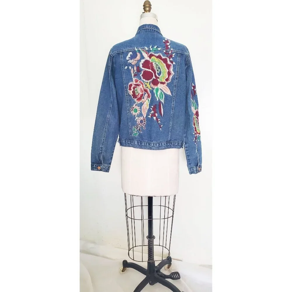 Glamorous Womens Denim Jean Jacket with Floral Embroidery 14